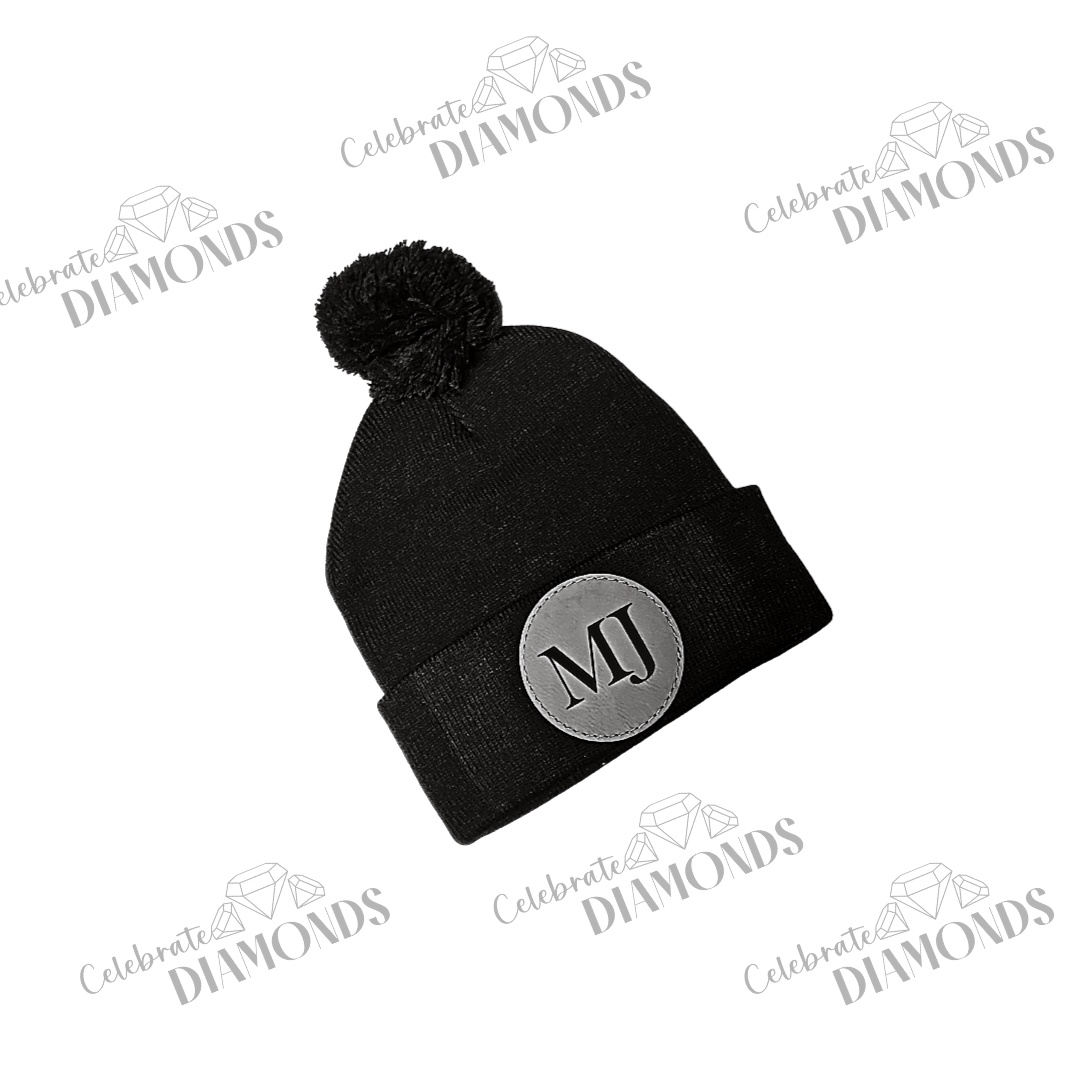 Knit Beanie with Pom & Personalized Name Patch