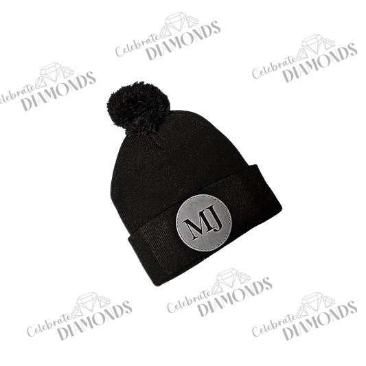 Knit Beanie with Pom & Personalized Name Patch