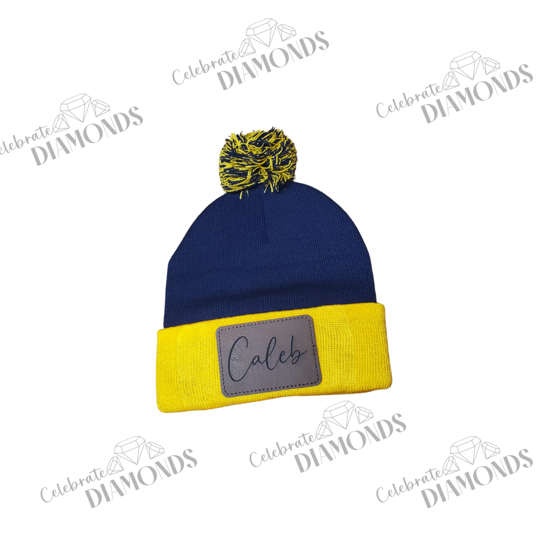 Knit Beanie with Pom & Personalized Name Patch
