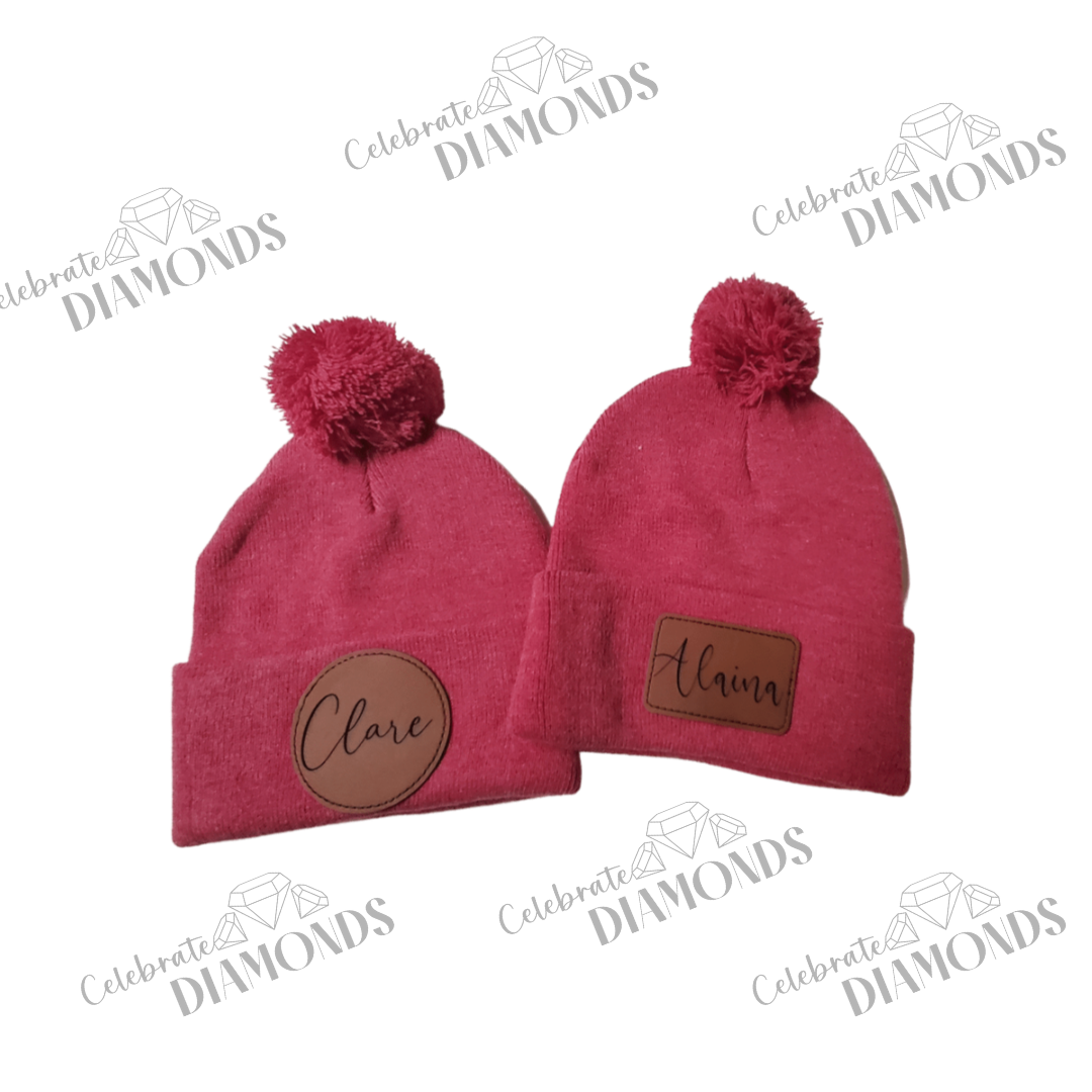 Knit Beanie with Pom & Personalized Name Patch